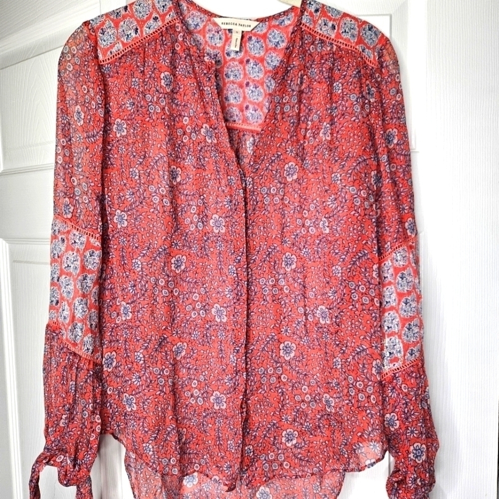 Rebecca Taylor Floral Print Sheer Buttonup Blouse With Sleeve Ties Size 0 (Xs).